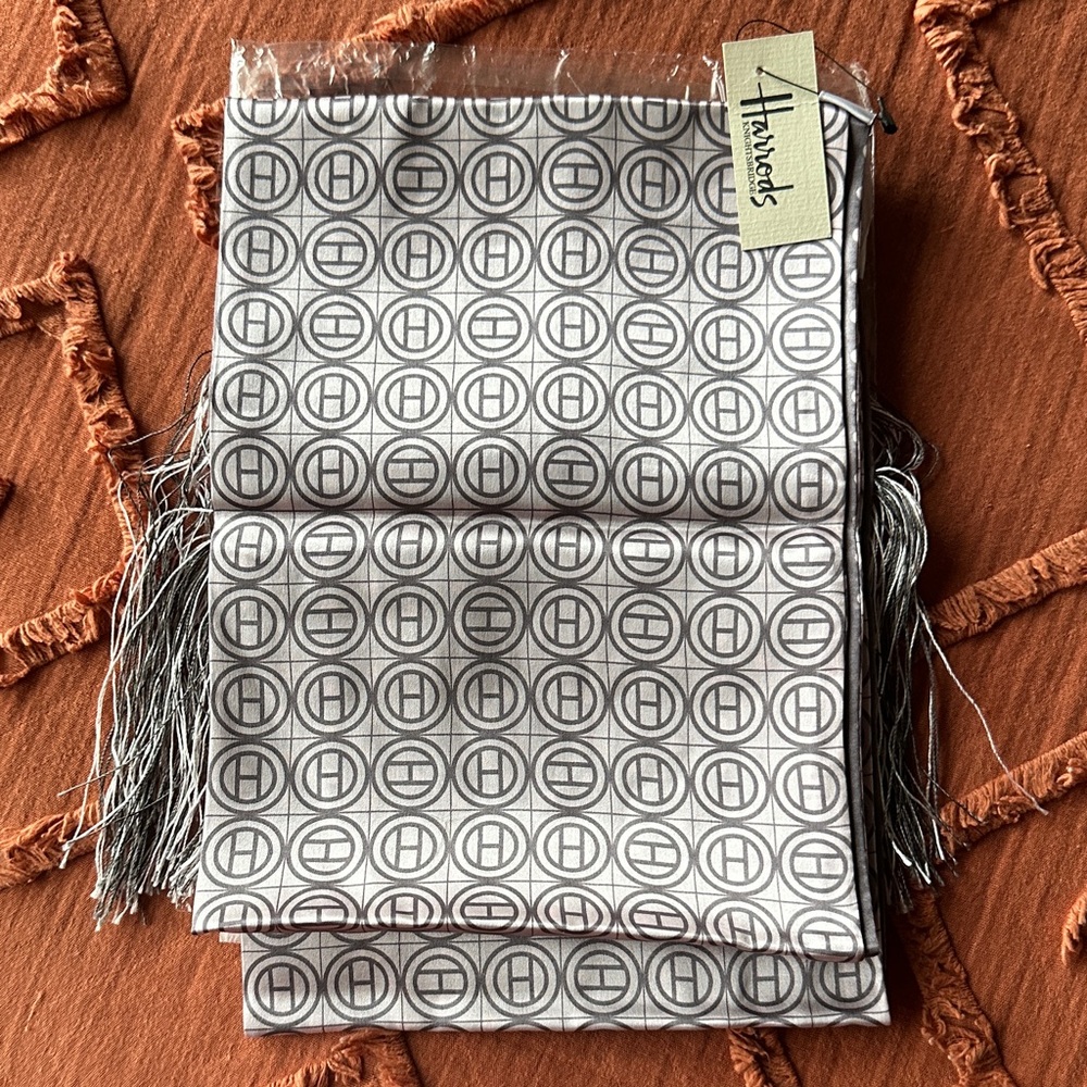 Harrods Silver and White Monogram Fringe Scarf